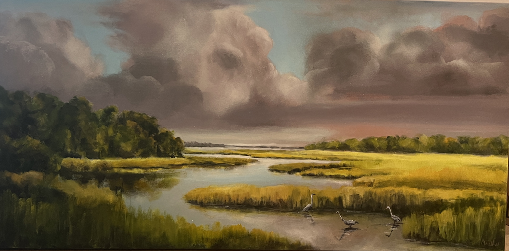 Michelle Marshall | Golden Marsh with Cranes | Acrylic | 24x48 | $1400