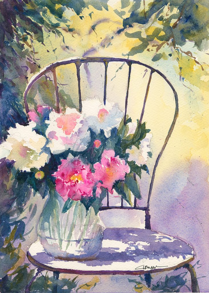Cindy L. Beyer|Peonies on a Chair|Watercolor|Sold|Reproductions available