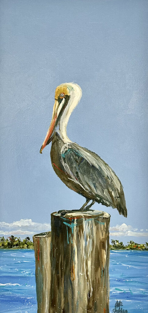 Dale Sheldon | Pelican on the Piling | Acrylic | 25x13 | $625